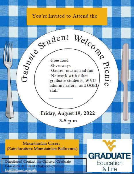 Invitation to the Graduate and Professional Student Welcome Back Pizza Picnic hosted by the Office of Graduate Education and Life. 